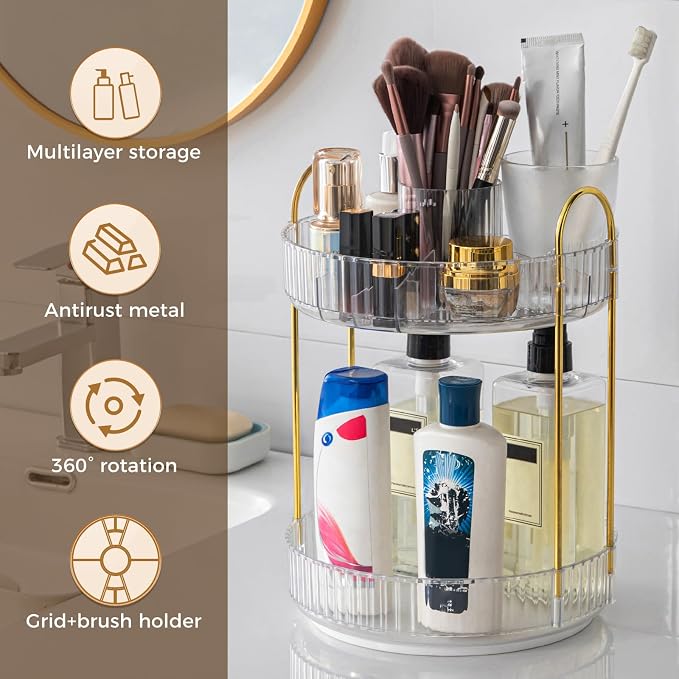 360° Rotating Makeup Organizer, Upgraded 2 Tier Skincare Perfume Organizers - Image 5