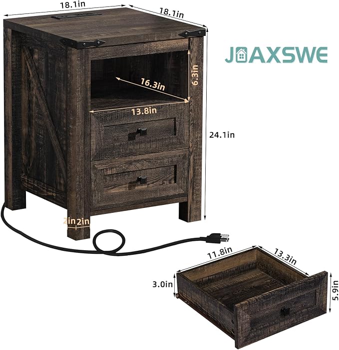 Nightstands Set of 2 with Charging Station, Farmhouse Night Stand with 2 - Image 3