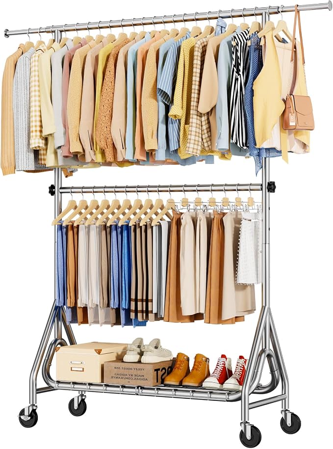 Double Rods Clothing Rack, Heavy Duty Clothes Rack by JIEJIERUI