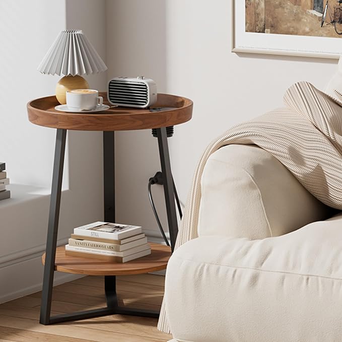 Gadroad Round End Table with Charging Station, USB Ports, Wood Tabletop & Black - Image 2