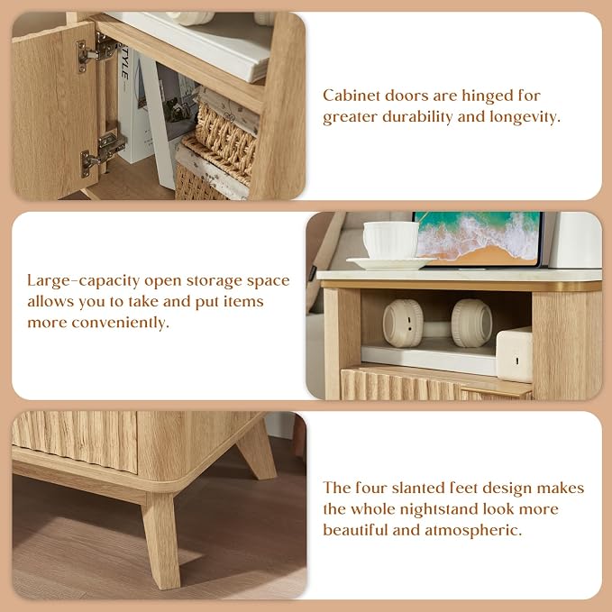 QUW Fluted Nightstands with Charging Station, Wooden Bedside Table with Faux - Image 6