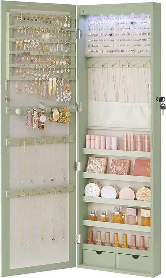 SONGMICS 6 LEDs Mirror Jewelry Cabinet, 47.2-Inch Tall Lockable Wall or Door by SONGMICSbySONGMICSHOME