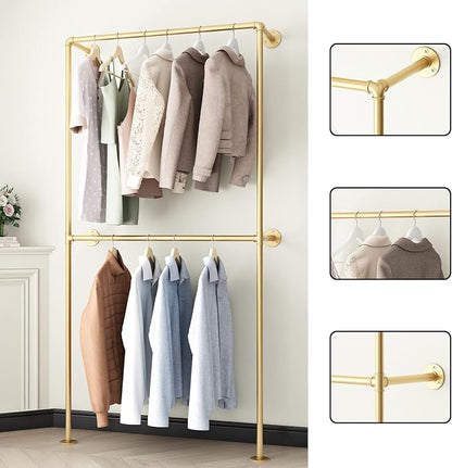 Gold Clothing Racks Wall Mount Clothes Rack, Heavy Duty Industrial Pipe - Image 2