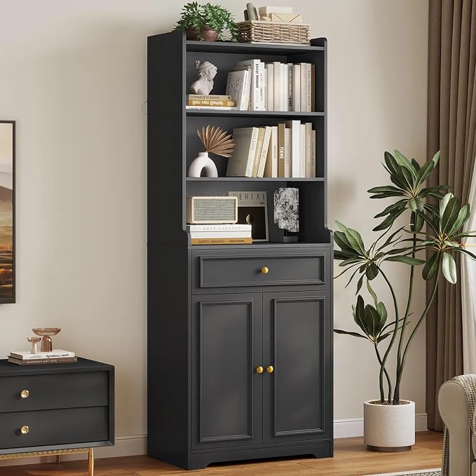 DICTAC Bookcase with Drawers and Doors 73.23'' Tall Bookshelf with Open Shelves by DICTAC