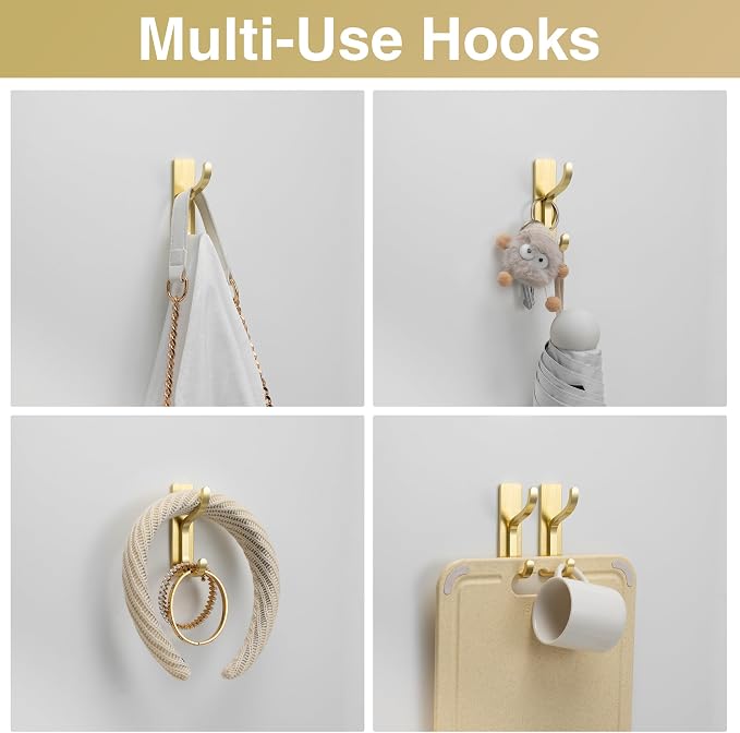 pickpiff Adhesive Wall Hooks for Hanging Towels: Brushed Gold Stainless Steel - Image 3