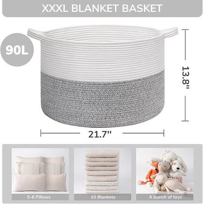 INDRESSME Large Storage Basket, 21.7'' x 13.8'' Cotton Rope Blanket Basket - Image 3