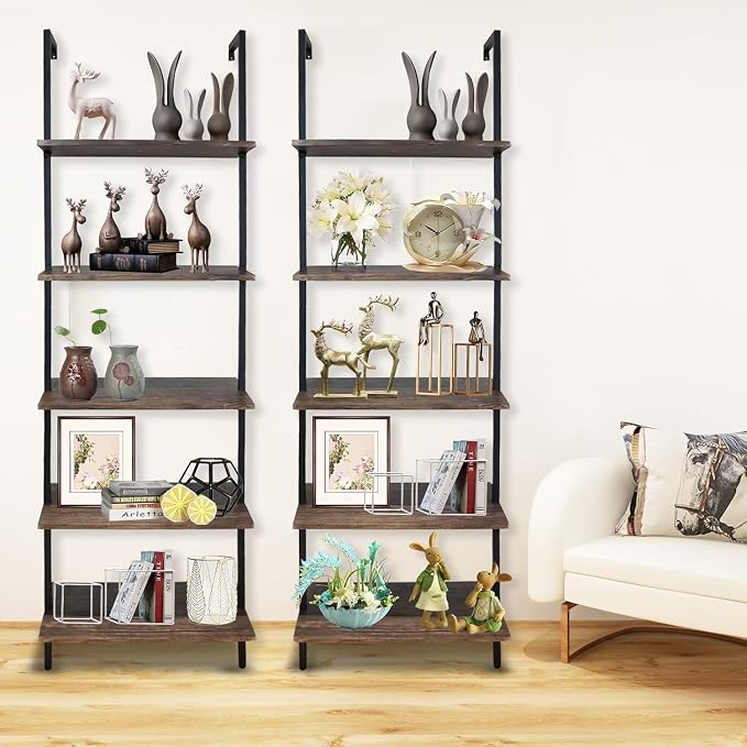 5 Tiers Ladder Shelf Brown Modern Bookshelf Open Tall Wall Mount Bookcase - Image 8