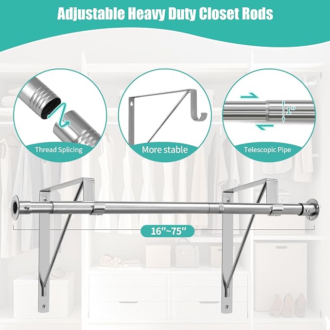 Closet Rod, 16 to 75 Inch Closet Rods Heavy Duty Adjustable Clothes Rods - Image 5