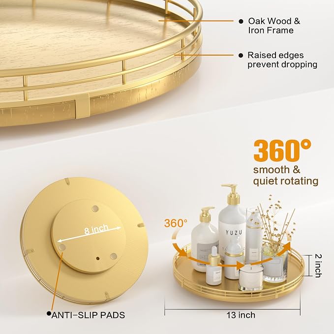 13" Gold Lazy Susan for Table Top, Oak Wood Lazy Susan Turntable Organizer for - Image 2