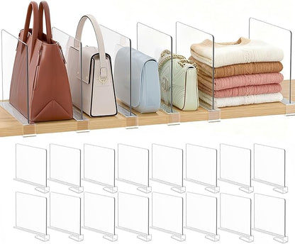 Purse Organizer for Closet Shelf Dividers: 16-Pack Adjustable Clear Acrylic Bag by Saccik
