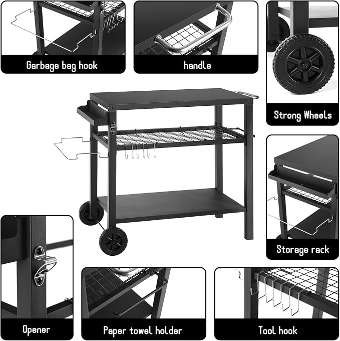 Grill Cart Table with Three Shelf, Movable Outdoor Dining Cart Pizza Oven Stand - Image 5