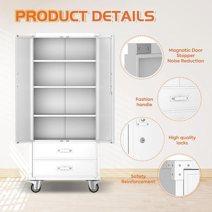 Metal Storage Cabinet with 2 Drawers, Garage Tool Cabinet on Wheels - Image 5