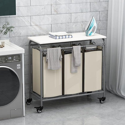 LINZINAR 3 Bag Laundry Basket Sorter Heavy Duty Rolling Lockable Wheels Laundry - Image 2