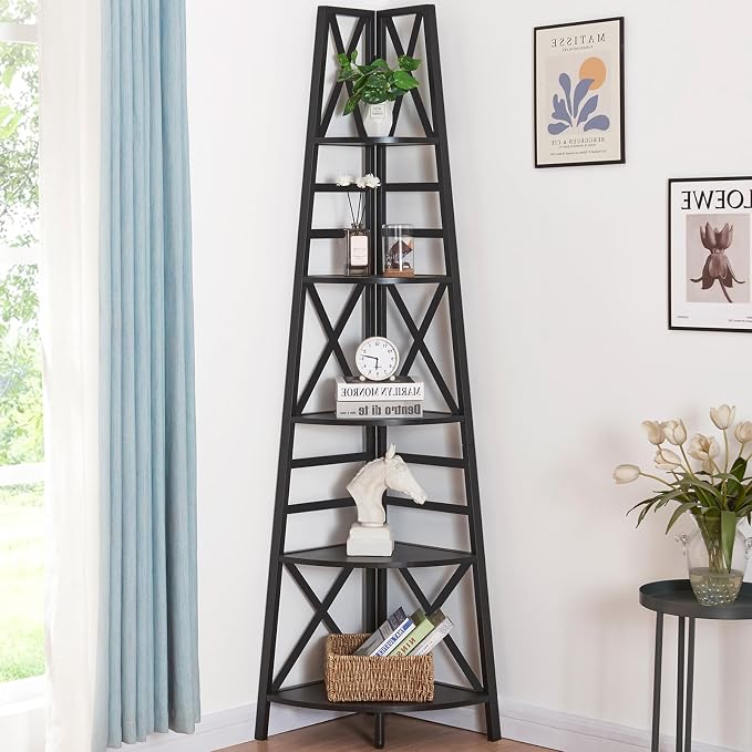 HOMBAZAAR 5 Tier Corner Shelf, 72 Inch Industrial Corner Bookshelf, Tall Ladder by Hombazaar
