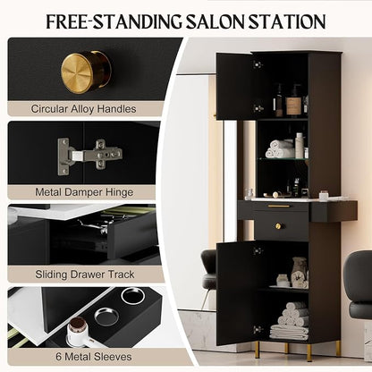 Salon Stations for Hair Stylist, Barber Station w/Glass Shelf & Golden Handles - Image 7