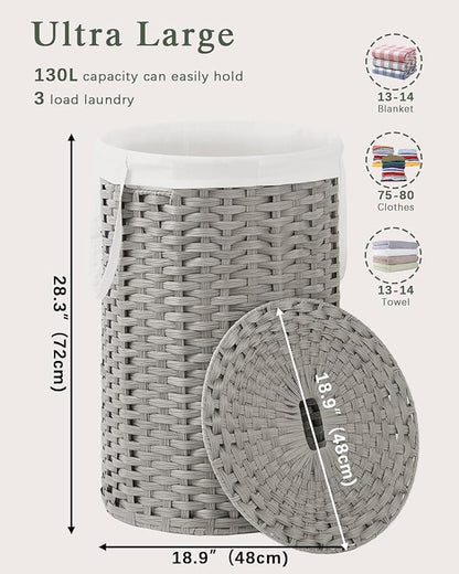 Large Laundry Hamper Laundry Basket Round 34.3 Gal Handwoven Wicker Laundry - Image 4