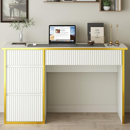 4 EVER WINNER White Desk with Drawers with Hidden Handle, 47 Inch Computer by 4EVERWINNER
