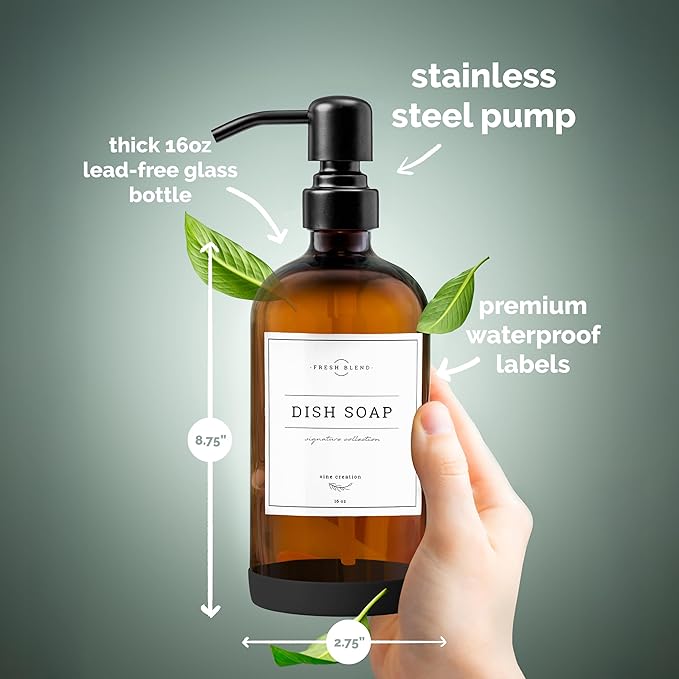 Vine Creations Amber Glass Soap Dispenser, 2 Pack Kitchen Soap Dispenser Set - Image 5