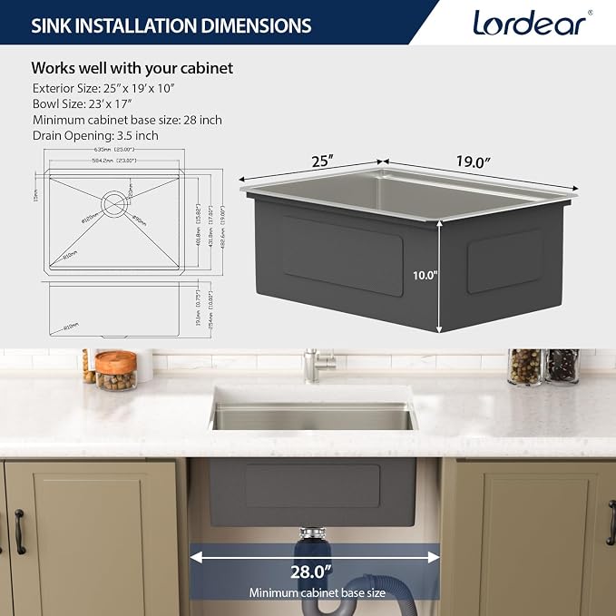 Lordear 25 Inch Undermount Kitchen Sink Workstation 25x19x10 16 Gauge Stainless - Image 7