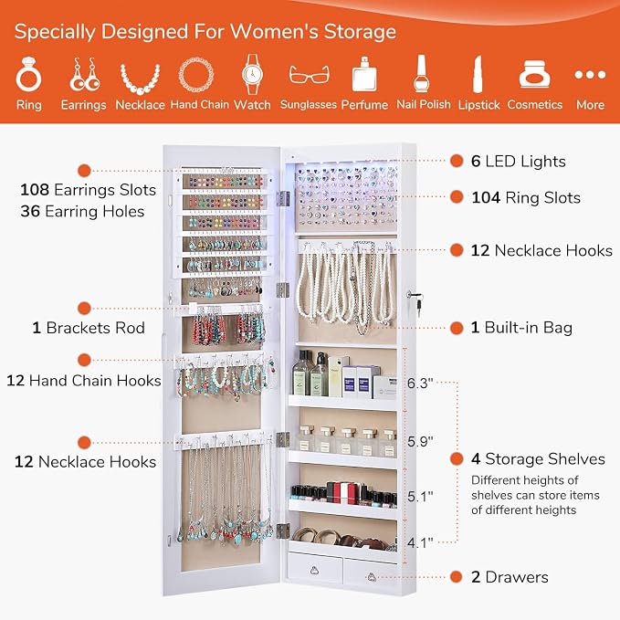 GISSAR Full Length Mirror Jewelry Cabinet, 6 LEDs Jewelry Armoire Wall Mounted - Image 4