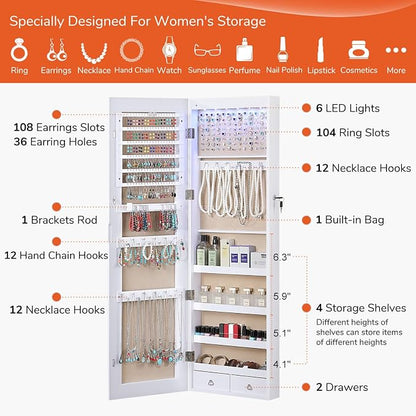 GISSAR Full Length Mirror Jewelry Cabinet, 6 LEDs Jewelry Armoire Wall Mounted - Image 4