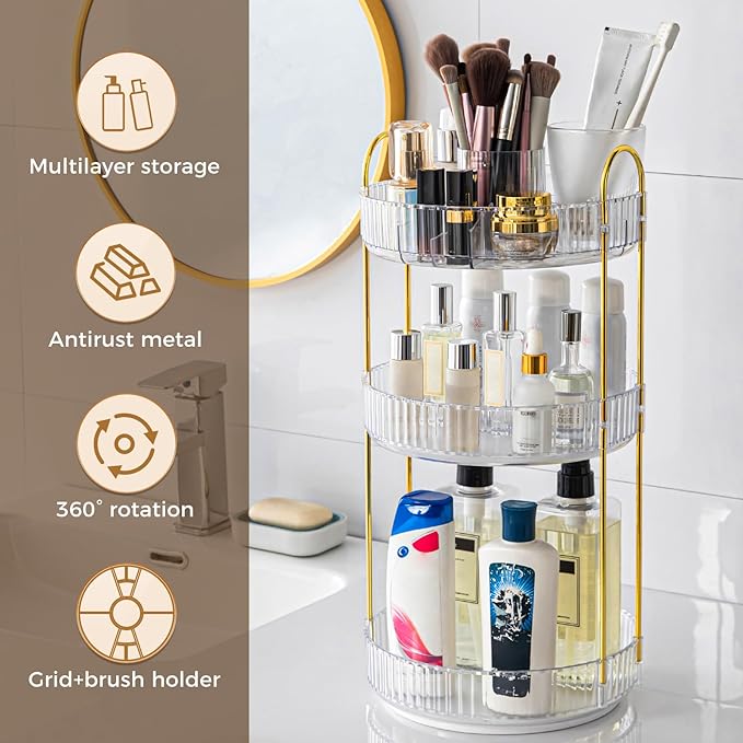 360° Rotating Makeup Organizer, Upgraded 3 Tier Skincare Perfume Organizers - Image 5