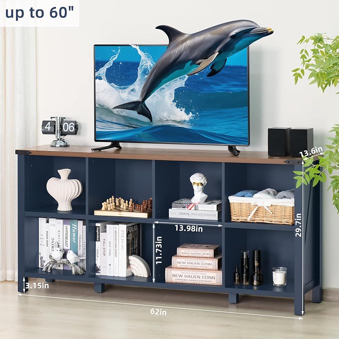 8 Cube Book Shelf, Farmhouse Wood Long Storage Organizer Bookcase, Hallway TV - Image 2