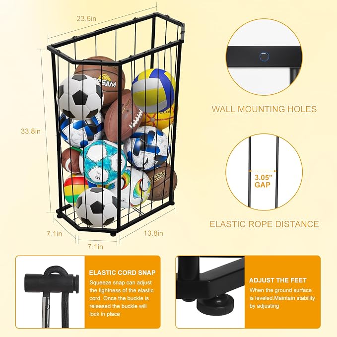 Garage Ball Storage Holder, Elastic Cord Design Can Floor-Standing & - Image 5