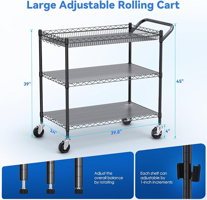 WDT 1350Lbs Capacity Heavy Duty Rolling Utility Cart, Large 3 Tier Rolling Carts - Image 6
