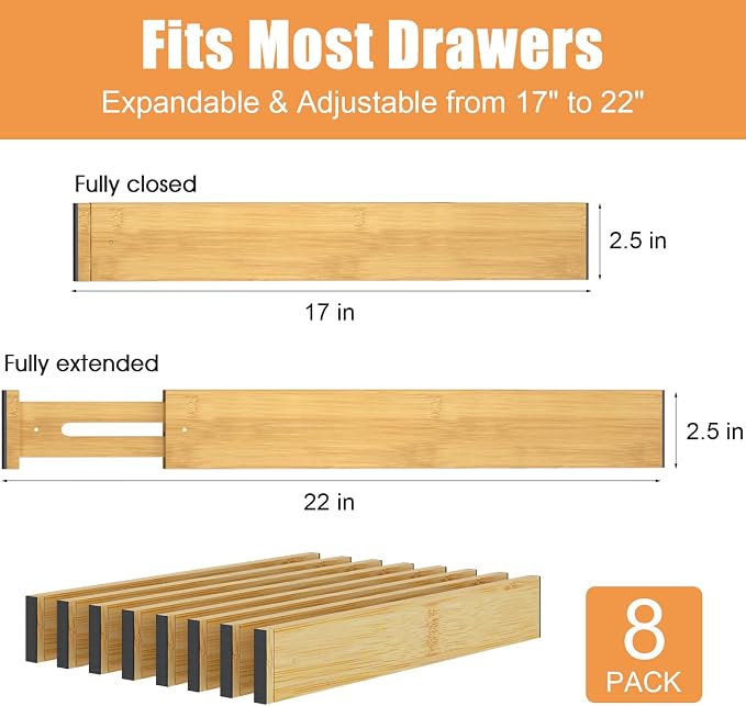 Bamboo Drawer Dividers, 17-22" Adjustable Kitchen Drawer Organizer - Image 3