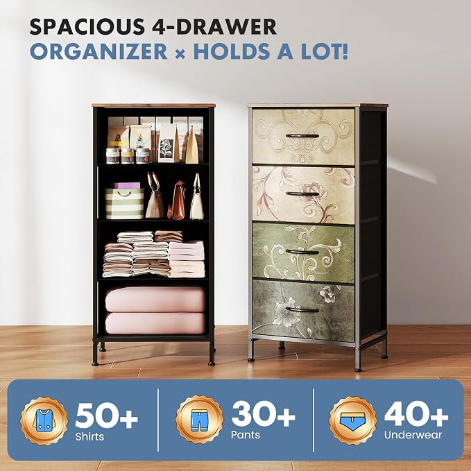 DUMOS Nightstand with 4 Drawers Bedside Table with Removable Fabric Bins Sturdy - Image 4