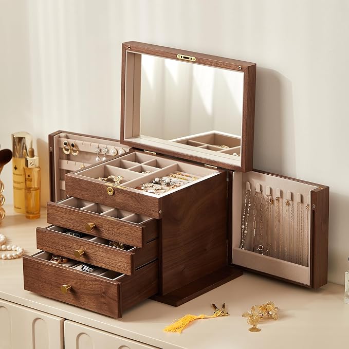 CHOSIN Black Walnut Wooden Jewelry Box, 4-Layer Lockable Wood Jewelry Organizer by CHOSIN