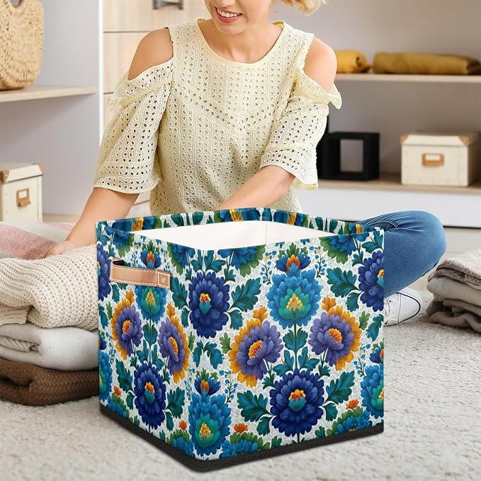 TropicalLife 13x13x13 Inch Large Fabric Storage Cube Blue Flowers Print - Image 3