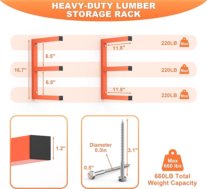 Ultrawall Lumber Storage Rack Wall Mount Wood Storage Racks, Metal Wood - Image 2