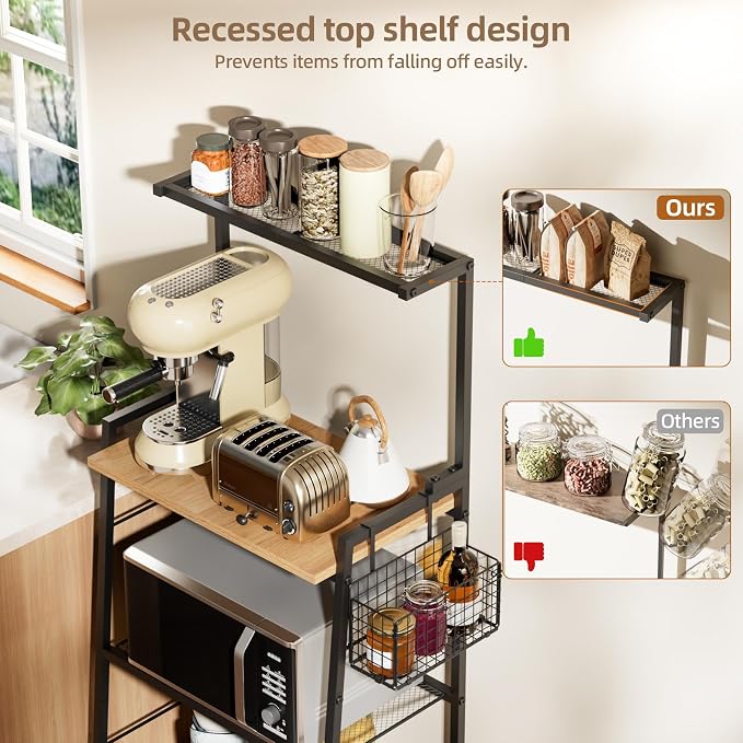 Bakers Rack with Foldable Basket, Large 4 Tiers Coffee Bar Station, Kitchen - Image 5