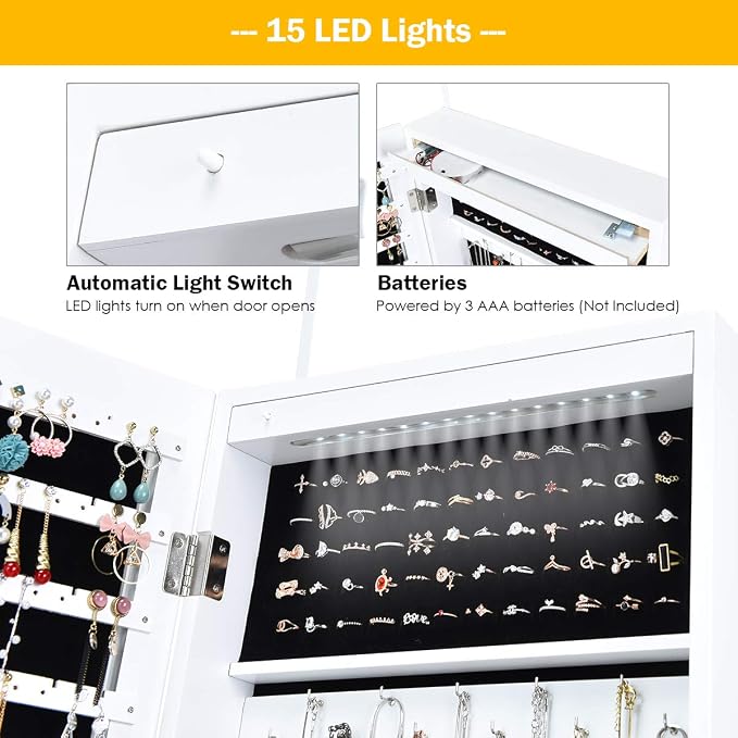 Giantex 15 LEDs Jewelry Armoire, Wall Mounted or Door Hanging, Lockable Jewelry - Image 4