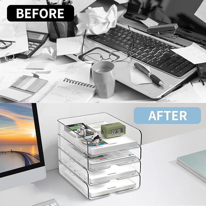 4-Tier Paper Organizer for Desk, Stackable Desk Organizer Paper Tray, A4 Storage - Image 3
