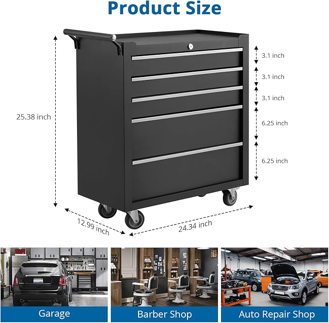 IDEALHOUSE Rolling Tool Chest, 5 Drawers Tool Storage Cabinet, Toolbox - Image 3