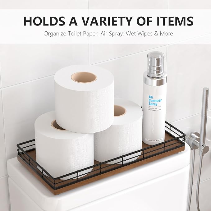 Toilet Paper Basket Organizer – Oak Wood Toilet Tank Tray - Image 2