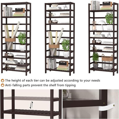 Homykic 6-Tier Bamboo Bookshelves and Bookcases, Adjustable 63.4”Tall Shallow - Image 6