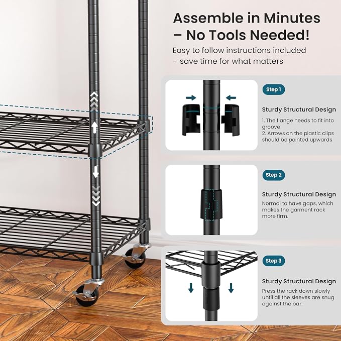 Garment Rack Heavy Duty 3 Tiers Adjustable Freestanding Metal Rolling Clothing - Image 3