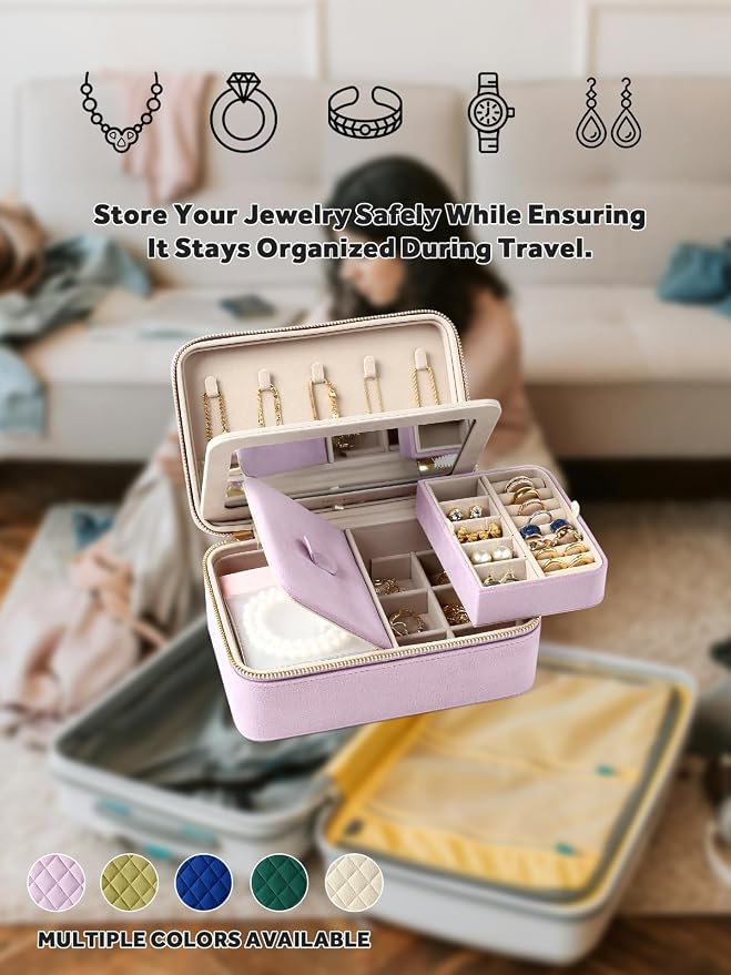 Velvet Travel Jewelry Box with Large Mirror, Double-Layer Jewelry Organizer Case - Image 8