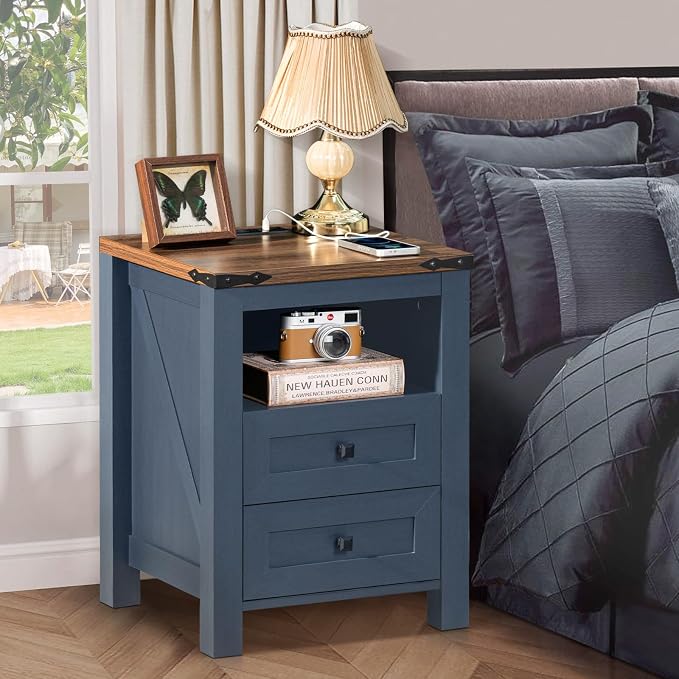Nightstand with Charging Station, Farmhouse Night Stand with 2 Drawers and - Image 7
