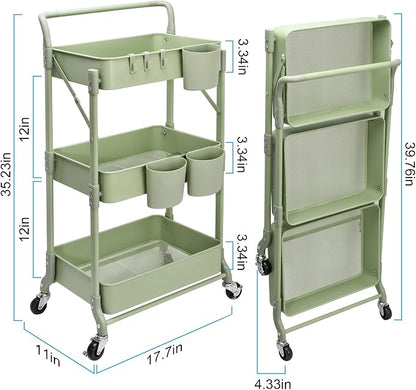 Foldable 3 Tier Rolling Cart, Metal Utility Cart, Folding Mobile Multi-Function - Image 5