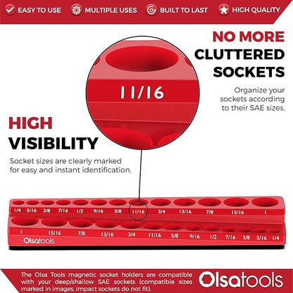 Olsa Tools Magnetic Socket Organizer | 3/8-inch Drive | SAE | RED | Holds 26 - Image 2