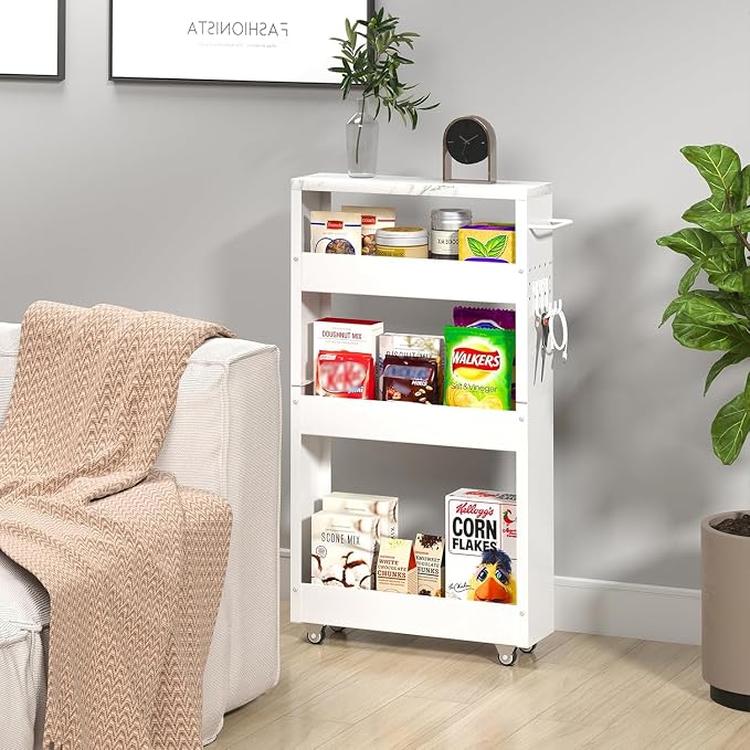 Slim Storage Cart, 5 in Width, 4-Tier White Rolling Cart - Image 4