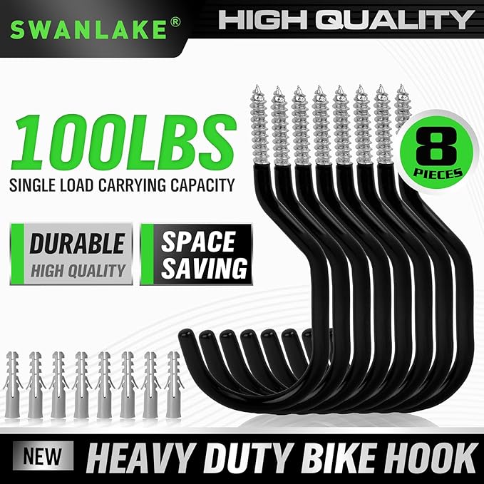 SWANLAKE 8-Piece Heavy Duty Garage Bike Hooks, 6-inch Bike Hooks - Image 2