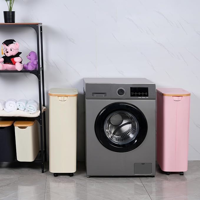 Laundry Basket with Wheels, 75L Beige Clothes Hamper - Image 5