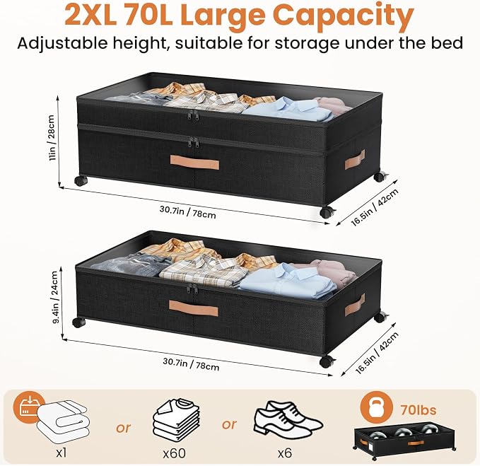 Under Bed Storage with Wheels, 72L XXL Under the Bed Storage Containers Large - Image 2