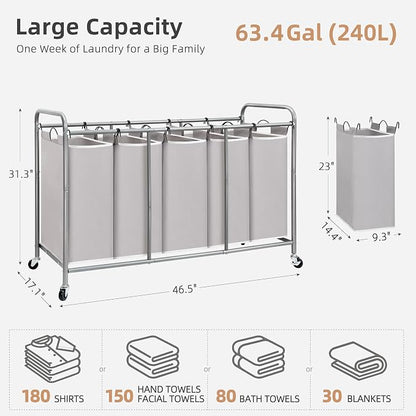 STORAGE MANIAC 5 Section Laundry Sorter, 5 Bins Rolling Separator Laundry Basket - Image 4